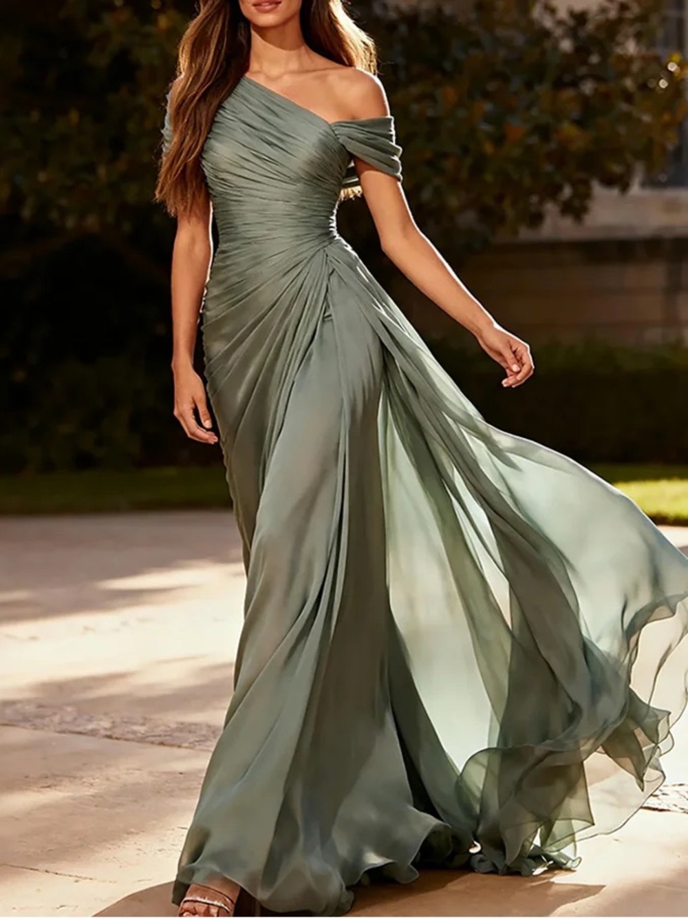 NWT ChyrBaby One-Shoulder chiffon Olive Green Evening Dress
